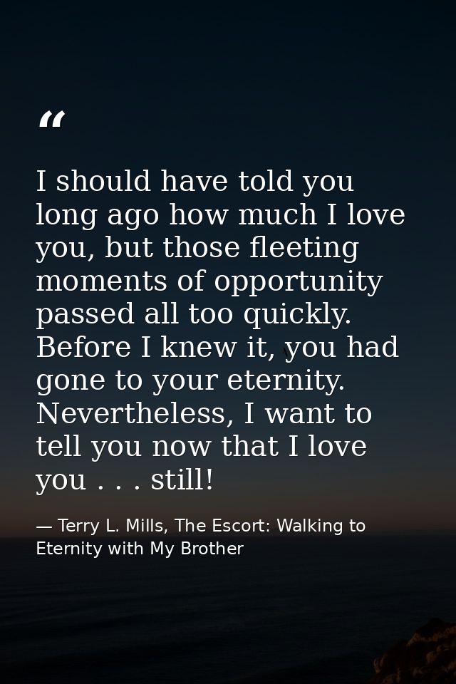 I should have told you long ago how much I love you, but those fleeting moments of opportunity passed all too quickly. B — Terry L. Mills, The Escort: Walking to Eternity with My Brother