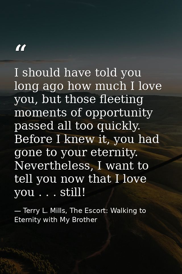 I should have told you long ago how much I love you, but those fleeting moments of opportunity passed all too quickly. B — Terry L. Mills, The Escort: Walking to Eternity with My Brother