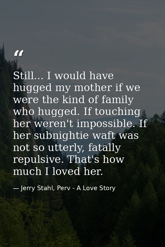 Still... I would have hugged my mother if we were the kind of family who hugged. If touching her weren't impossible. If  — Jerry Stahl, Perv - A Love Story