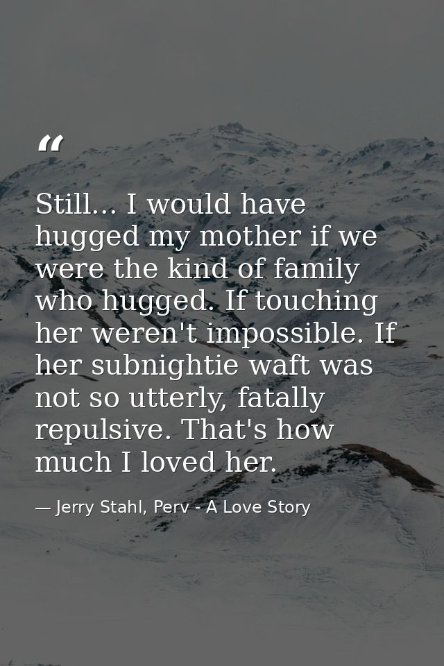 Still... I would have hugged my mother if we were the kind of family who hugged. If touching her weren't impossible. If  — Jerry Stahl, Perv - A Love Story