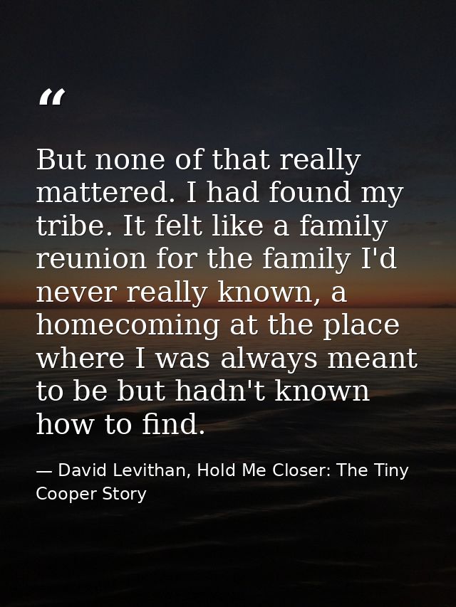 But none of that really mattered. I had found my tribe. It felt like a family reunion for the family I'd never really kn — David Levithan, Hold Me Closer: The Tiny Cooper Story