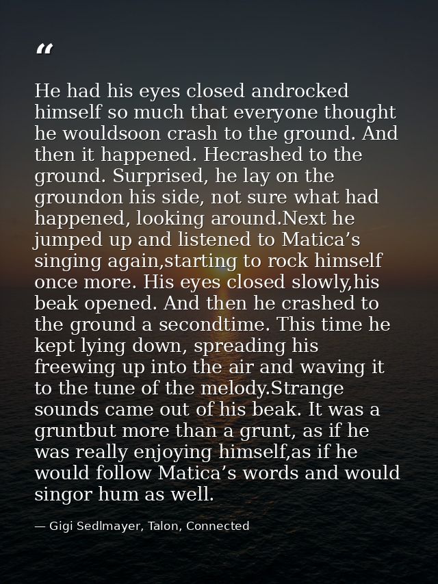 He had his eyes closed androcked himself so much that everyone thought he wouldsoon crash to the ground. And then it hap — Gigi Sedlmayer, Talon, Connected