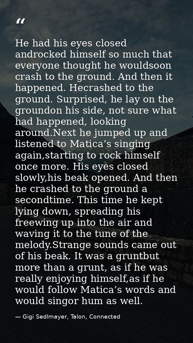 He had his eyes closed androcked himself so much that everyone thought he wouldsoon crash to the ground. And then it hap — Gigi Sedlmayer, Talon, Connected