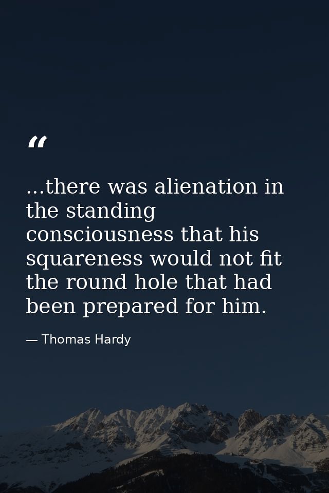 ...there was alienation in the standing consciousness that his squareness would not fit the round hole that had been pre — Thomas Hardy