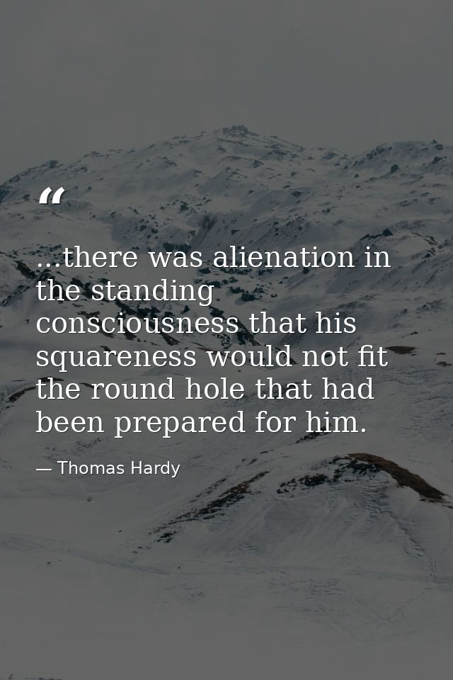 ...there was alienation in the standing consciousness that his squareness would not fit the round hole that had been pre — Thomas Hardy