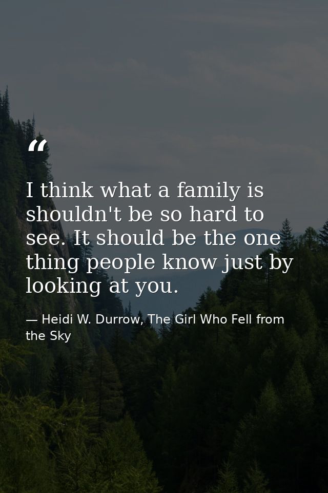 I think what a family is shouldn't be so hard to see. It should be the one thing people know just by looking at you. — Heidi W. Durrow, The Girl Who Fell from the Sky