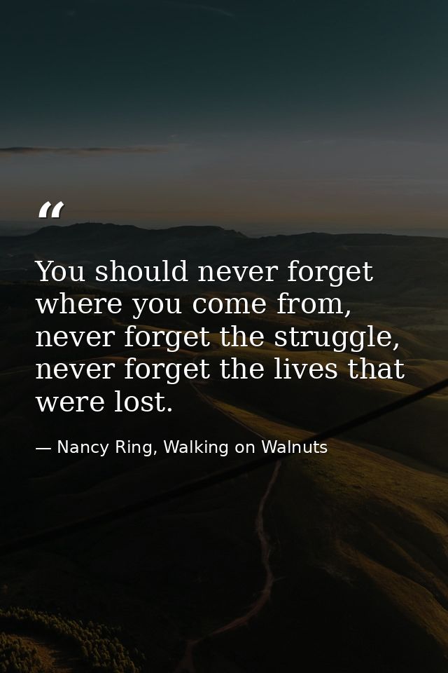 You should never forget where you come from, never forget the struggle, never forget the lives that were lost. — Nancy Ring, Walking on Walnuts