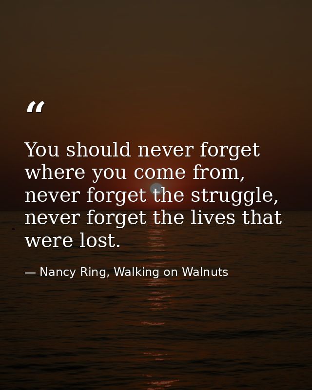 You should never forget where you come from, never forget the struggle, never forget the lives that were lost. — Nancy Ring, Walking on Walnuts