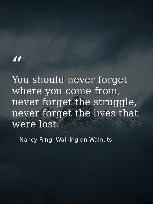 You should never forget where you come from, never forget the struggle, never forget the lives that were lost. — Nancy Ring, Walking on Walnuts