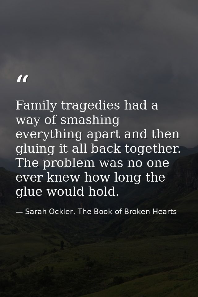 Family tragedies had a way of smashing everything apart and then gluing it all back together. The problem was no one eve — Sarah Ockler, The Book of Broken Hearts