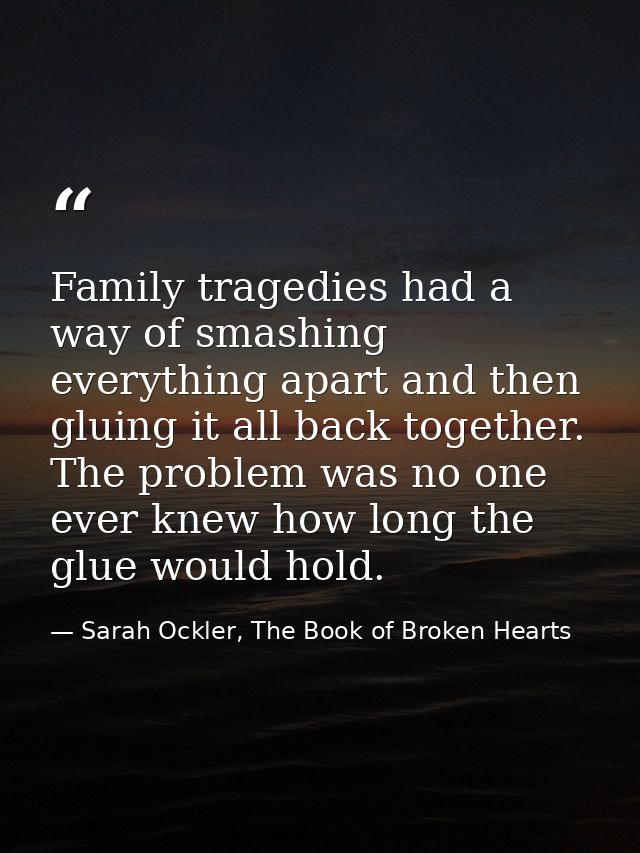 Family tragedies had a way of smashing everything apart and then gluing it all back together. The problem was no one eve — Sarah Ockler, The Book of Broken Hearts