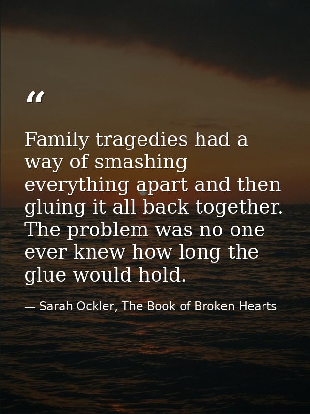 Family tragedies had a way of smashing everything apart and then gluing it all back together. The problem was no one eve — Sarah Ockler, The Book of Broken Hearts