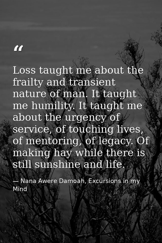 Loss taught me about the frailty and transient nature of man. It taught me humility. It taught me about the urgency of s — Nana Awere Damoah, Excursions in my Mind