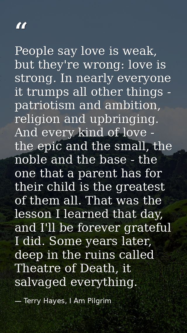 People say love is weak, but they're wrong: love is strong. In nearly everyone it trumps all other things - patriotism a — Terry Hayes, I Am Pilgrim