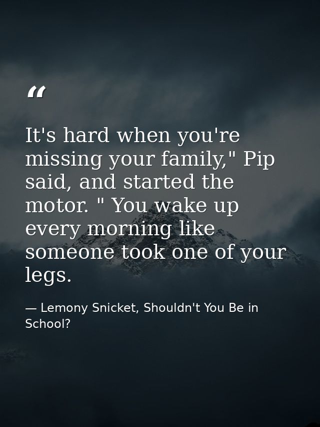 It's hard when you're missing your family," Pip said, and started the motor. " You wake up every morning like someone to — Lemony Snicket, Shouldn't You Be in School?