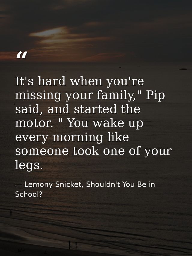It's hard when you're missing your family," Pip said, and started the motor. " You wake up every morning like someone to — Lemony Snicket, Shouldn't You Be in School?