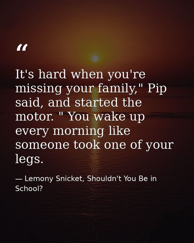 It's hard when you're missing your family," Pip said, and started the motor. " You wake up every morning like someone to — Lemony Snicket, Shouldn't You Be in School?