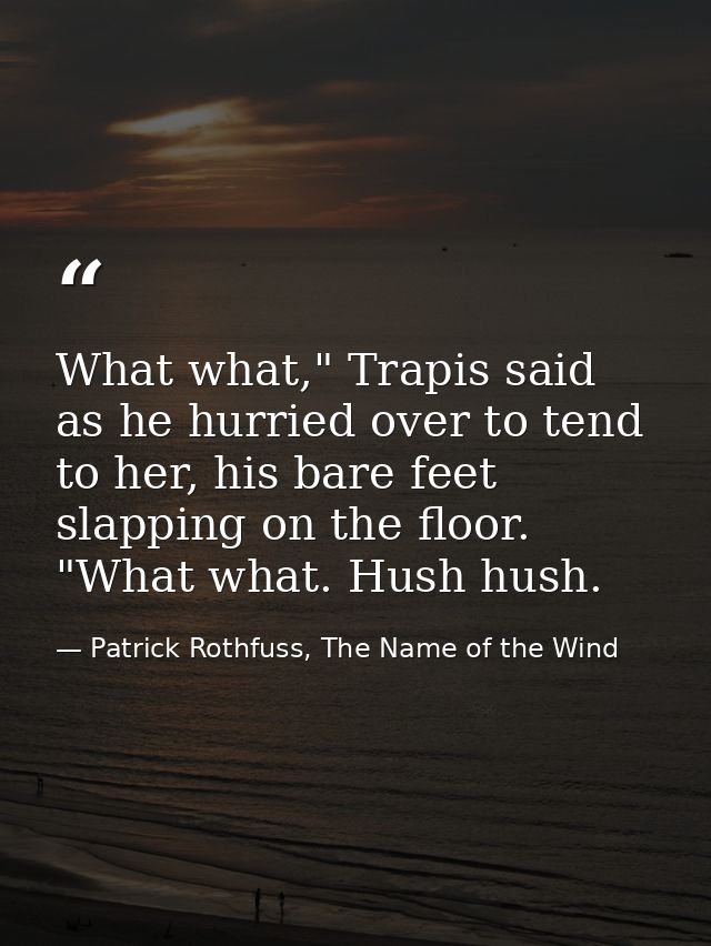 What what," Trapis said as he hurried over to tend to her, his bare feet slapping on the floor. "What what. Hush hush. — Patrick Rothfuss, The Name of the Wind