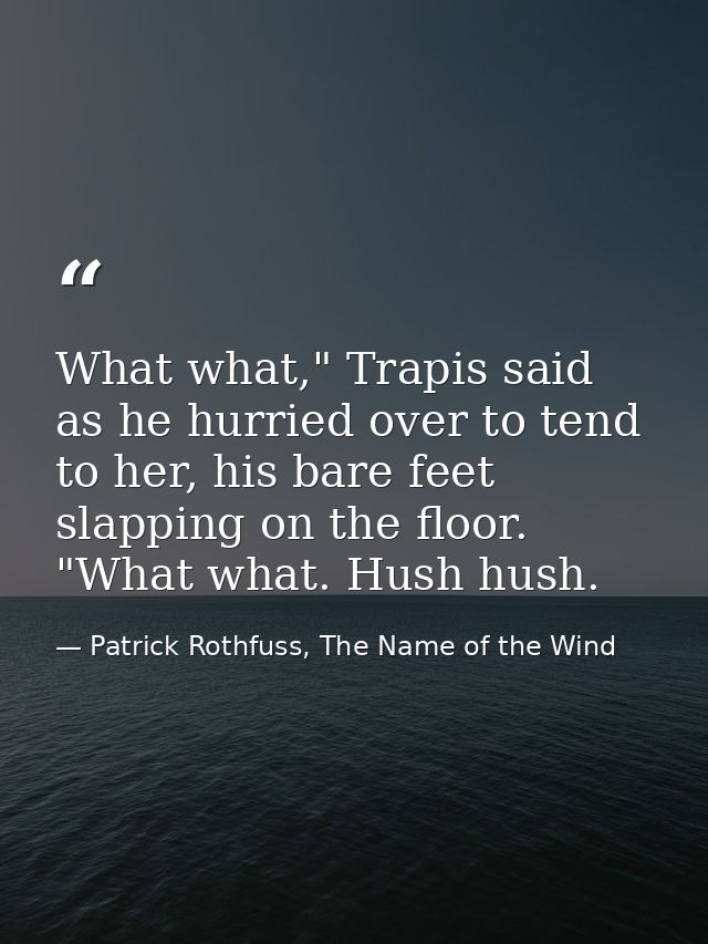 What what," Trapis said as he hurried over to tend to her, his bare feet slapping on the floor. "What what. Hush hush. — Patrick Rothfuss, The Name of the Wind