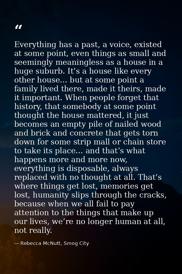 Everything has a past, a voice, existed at some point, even things as small and seemingly meaningless as a house in a hu — Rebecca McNutt, Smog City