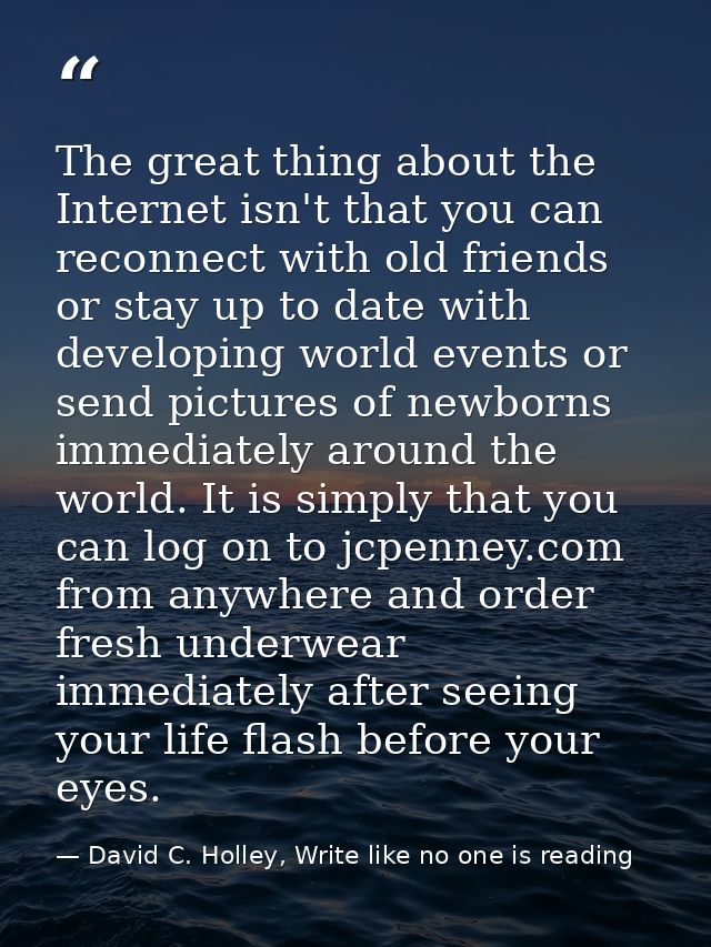 The great thing about the Internet isn't that you can reconnect with old friends or stay up to date with developing worl — David C. Holley, Write like no one is reading