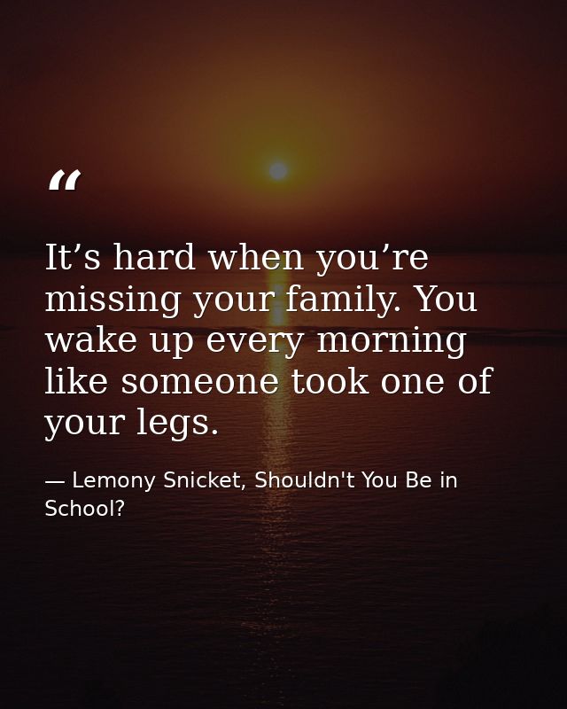It’s hard when you’re missing your family. You wake up every morning like someone took one of your legs. — Lemony Snicket, Shouldn't You Be in School?