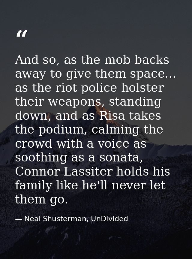 And so, as the mob backs away to give them space... as the riot police holster their weapons, standing down, and as Risa — Neal Shusterman, UnDivided