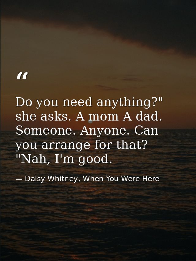 Do you need anything?" she asks. A mom A dad. Someone. Anyone. Can you arrange for that? "Nah, I'm good. — Daisy Whitney, When You Were Here