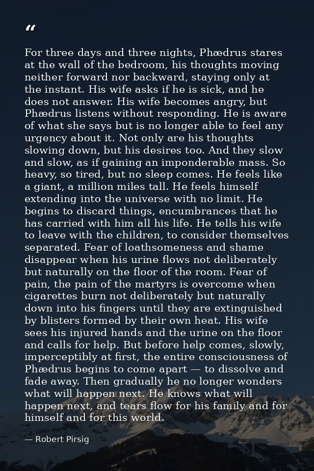 For three days and three nights, Phædrus stares at the wall of the bedroom, his thoughts moving neither forward nor back — Robert Pirsig
