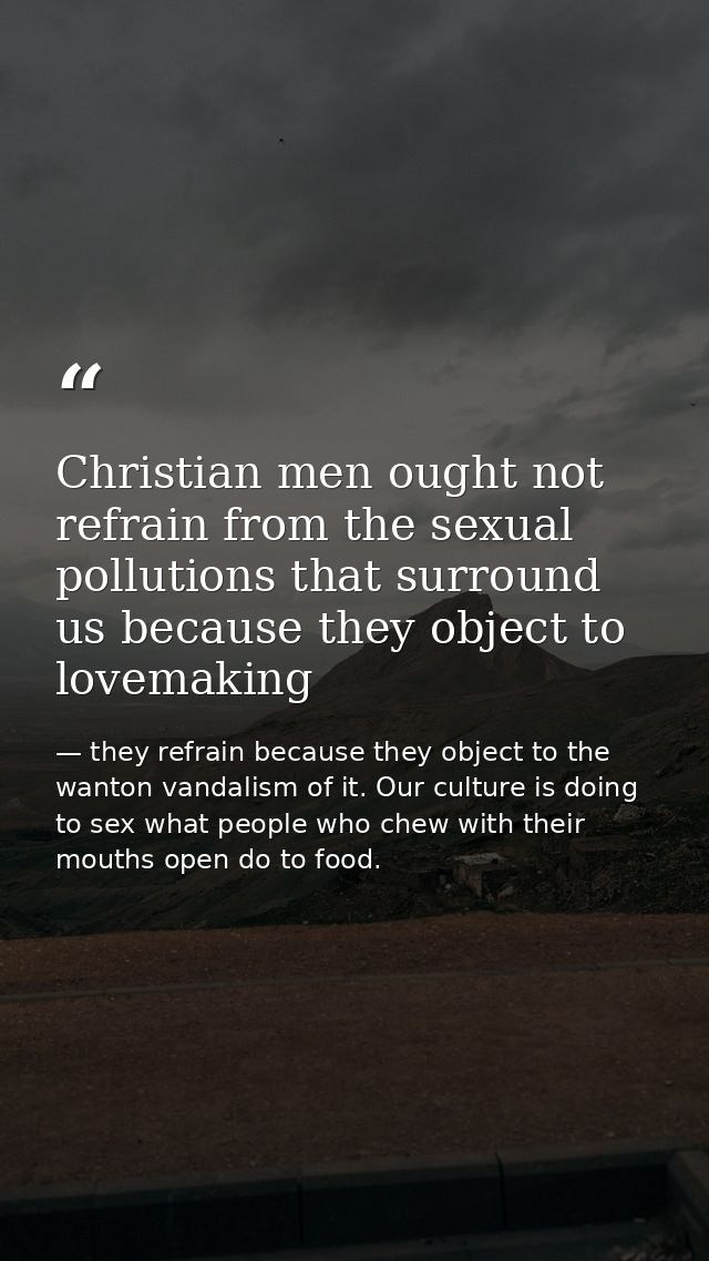 Christian men ought not refrain from the sexual pollutions that surround us because they object to lovemaking — they refrain because they object to the wanton vandalism of it. Our culture is doing to sex what people who chew with their mouths open do to food.