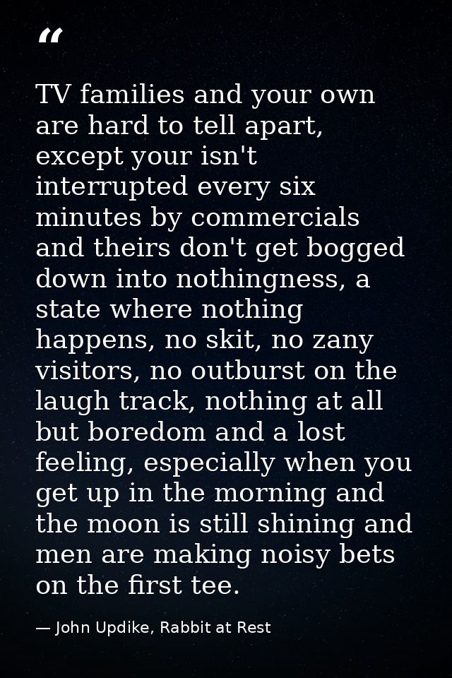 TV families and your own are hard to tell apart, except your isn't interrupted every six minutes by commercials and thei — John Updike, Rabbit at Rest