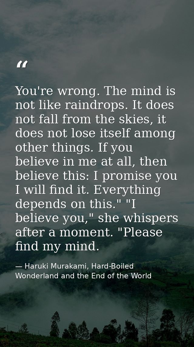 You're wrong. The mind is not like raindrops. It does not fall from the skies, it does not lose itself among other thing — Haruki Murakami, Hard-Boiled Wonderland and the End of the World