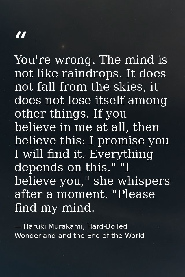 You're wrong. The mind is not like raindrops. It does not fall from the skies, it does not lose itself among other thing — Haruki Murakami, Hard-Boiled Wonderland and the End of the World