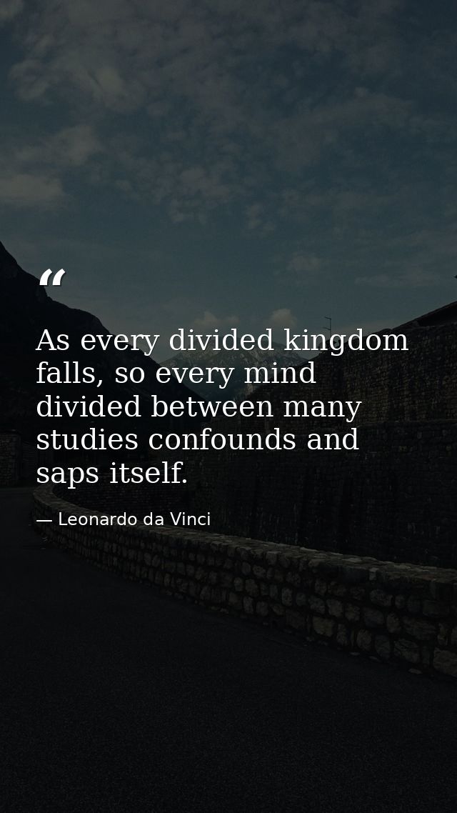 As every divided kingdom falls, so every mind divided between many studies confounds and saps itself. — Leonardo da Vinci