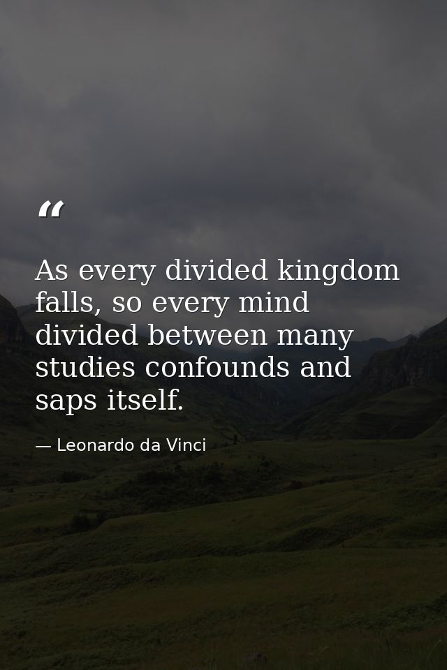 As every divided kingdom falls, so every mind divided between many studies confounds and saps itself. — Leonardo da Vinci
