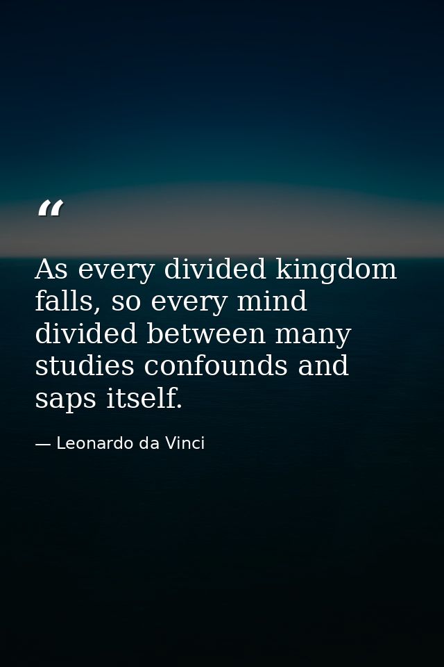 As every divided kingdom falls, so every mind divided between many studies confounds and saps itself. — Leonardo da Vinci