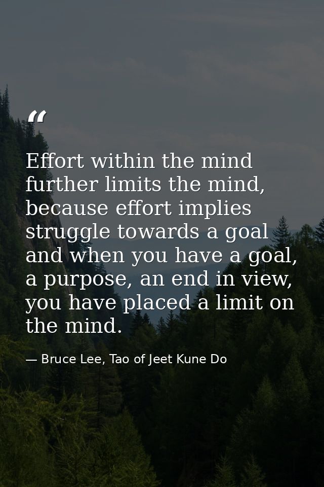 Effort within the mind further limits the mind, because effort implies struggle towards a goal and when you have a goal, — Bruce Lee, Tao of Jeet Kune Do