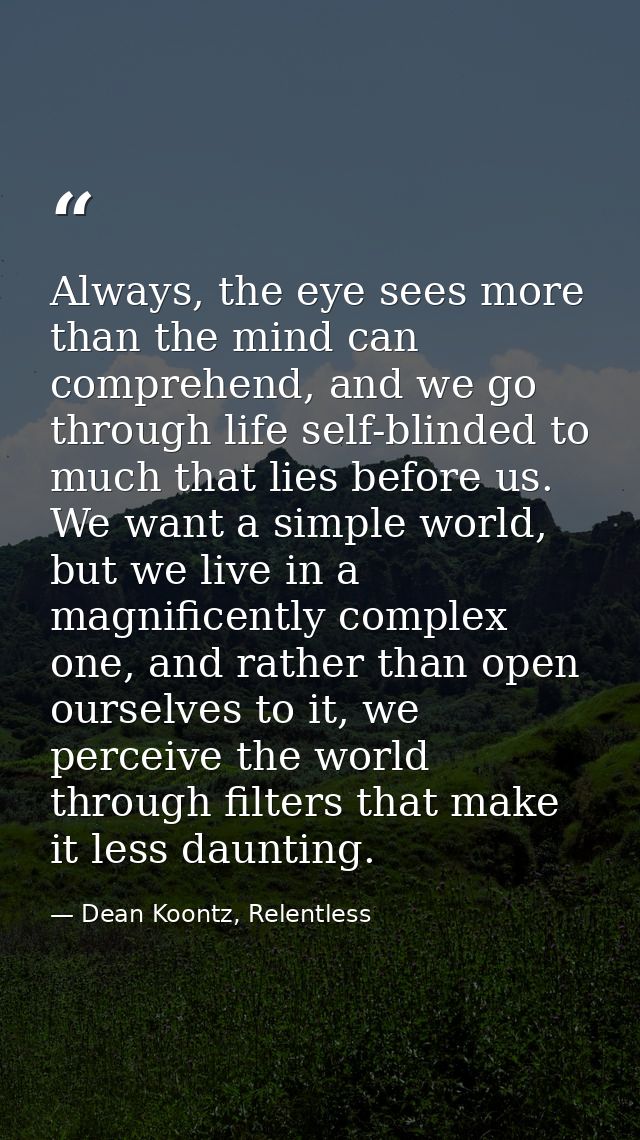 Always, the eye sees more than the mind can comprehend, and we go through life self-blinded to much that lies before us. — Dean Koontz, Relentless