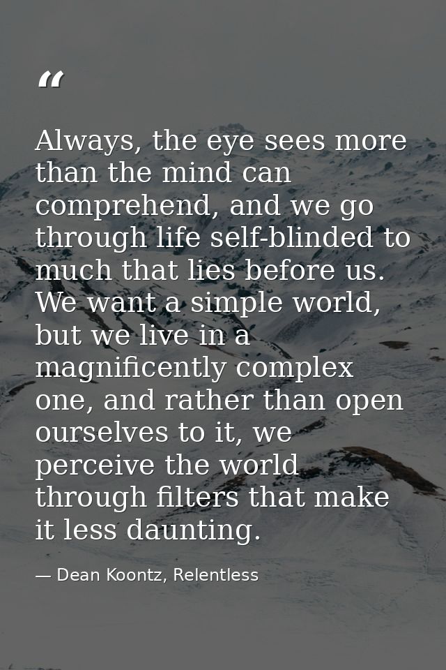 Always, the eye sees more than the mind can comprehend, and we go through life self-blinded to much that lies before us. — Dean Koontz, Relentless