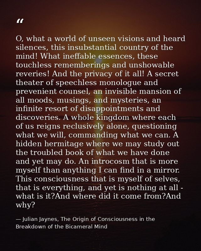 O, what a world of unseen visions and heard silences, this insubstantial country of the mind! What ineffable essences, t — Julian Jaynes, The Origin of Consciousness in the Breakdown of the Bicameral Mind