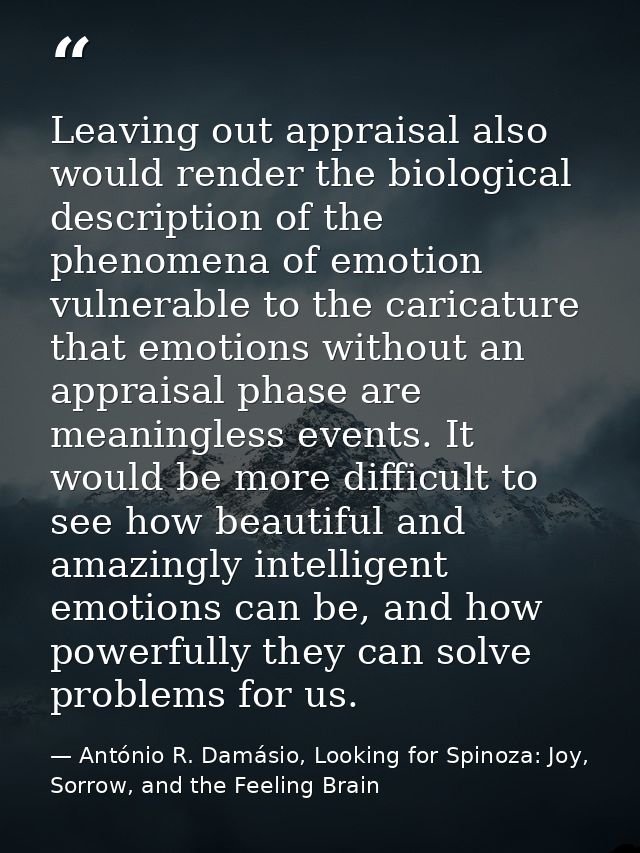 Leaving out appraisal also would render the biological description of the phenomena of emotion vulnerable to the caricat — António R. Damásio, Looking for Spinoza: Joy, Sorrow, and the Feeling Brain