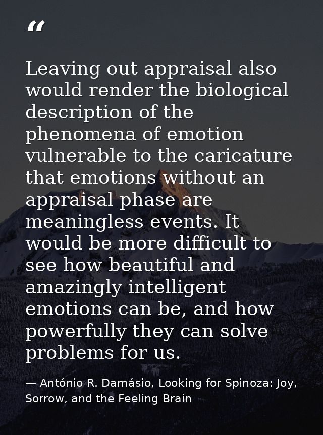 Leaving out appraisal also would render the biological description of the phenomena of emotion vulnerable to the caricat — António R. Damásio, Looking for Spinoza: Joy, Sorrow, and the Feeling Brain