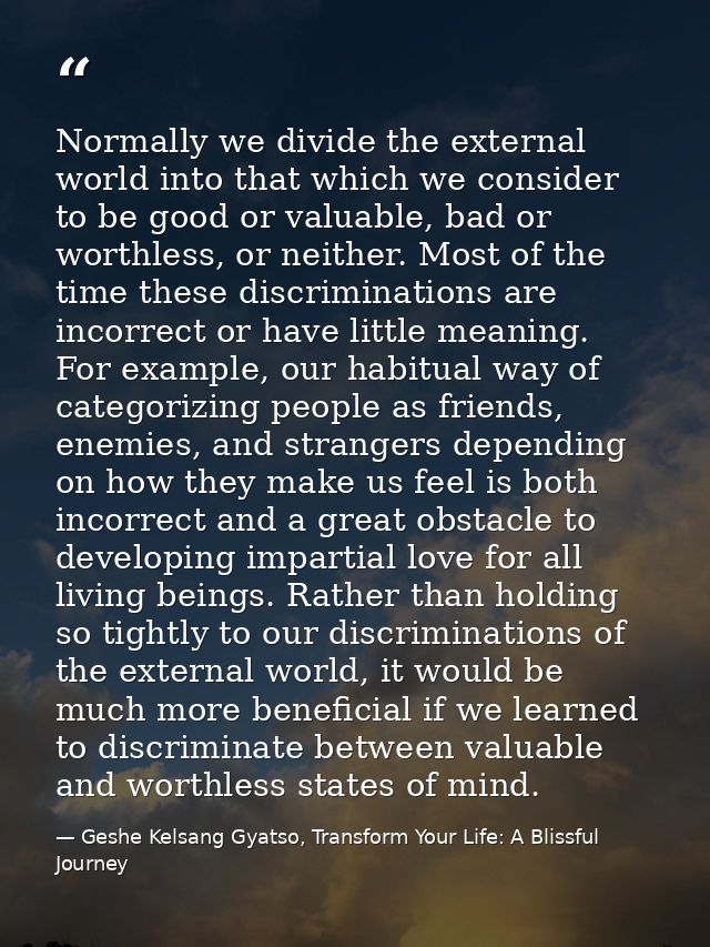 Normally we divide the external world into that which we consider to be good or valuable, bad or worthless, or neither.  — Geshe Kelsang Gyatso, Transform Your Life: A Blissful Journey