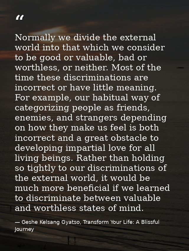 Normally we divide the external world into that which we consider to be good or valuable, bad or worthless, or neither.  — Geshe Kelsang Gyatso, Transform Your Life: A Blissful Journey
