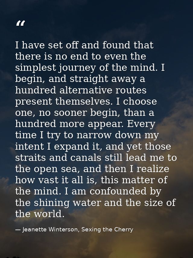 I have set off and found that there is no end to even the simplest journey of the mind. I begin, and straight away a hun — Jeanette Winterson, Sexing the Cherry