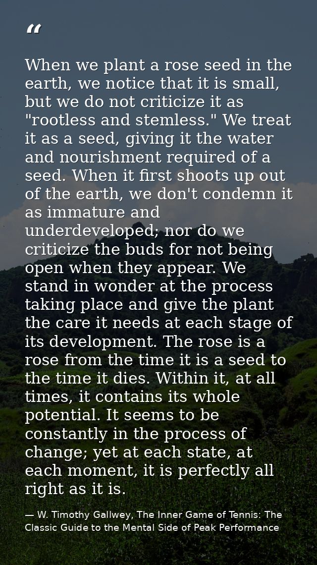 When we plant a rose seed in the earth, we notice that it is small, but we do not criticize it as "rootless and stemless — W. Timothy Gallwey, The Inner Game of Tennis: The Classic Guide to the Mental Side of Peak Performance
