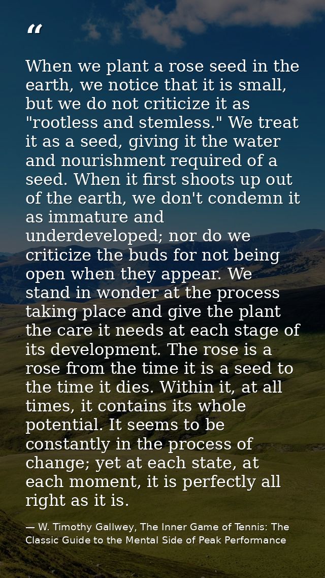 When we plant a rose seed in the earth, we notice that it is small, but we do not criticize it as "rootless and stemless — W. Timothy Gallwey, The Inner Game of Tennis: The Classic Guide to the Mental Side of Peak Performance