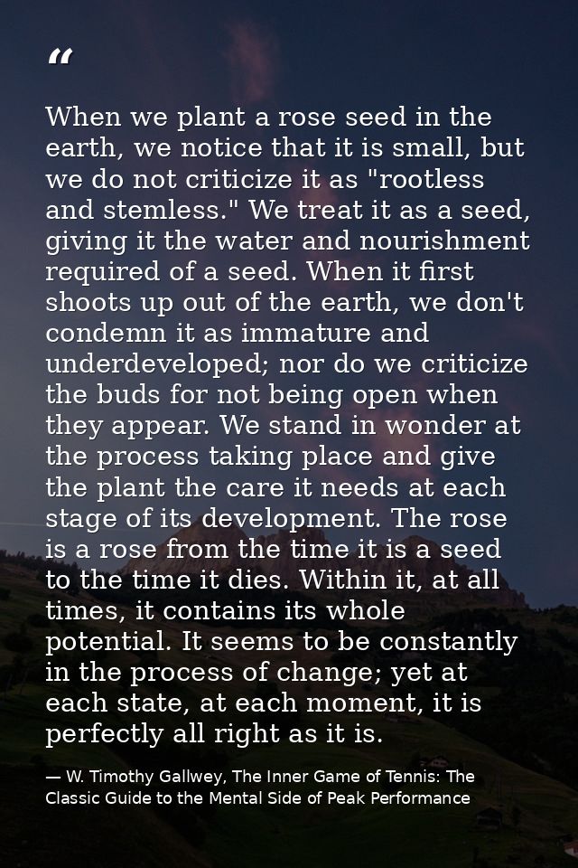 When we plant a rose seed in the earth, we notice that it is small, but we do not criticize it as "rootless and stemless — W. Timothy Gallwey, The Inner Game of Tennis: The Classic Guide to the Mental Side of Peak Performance
