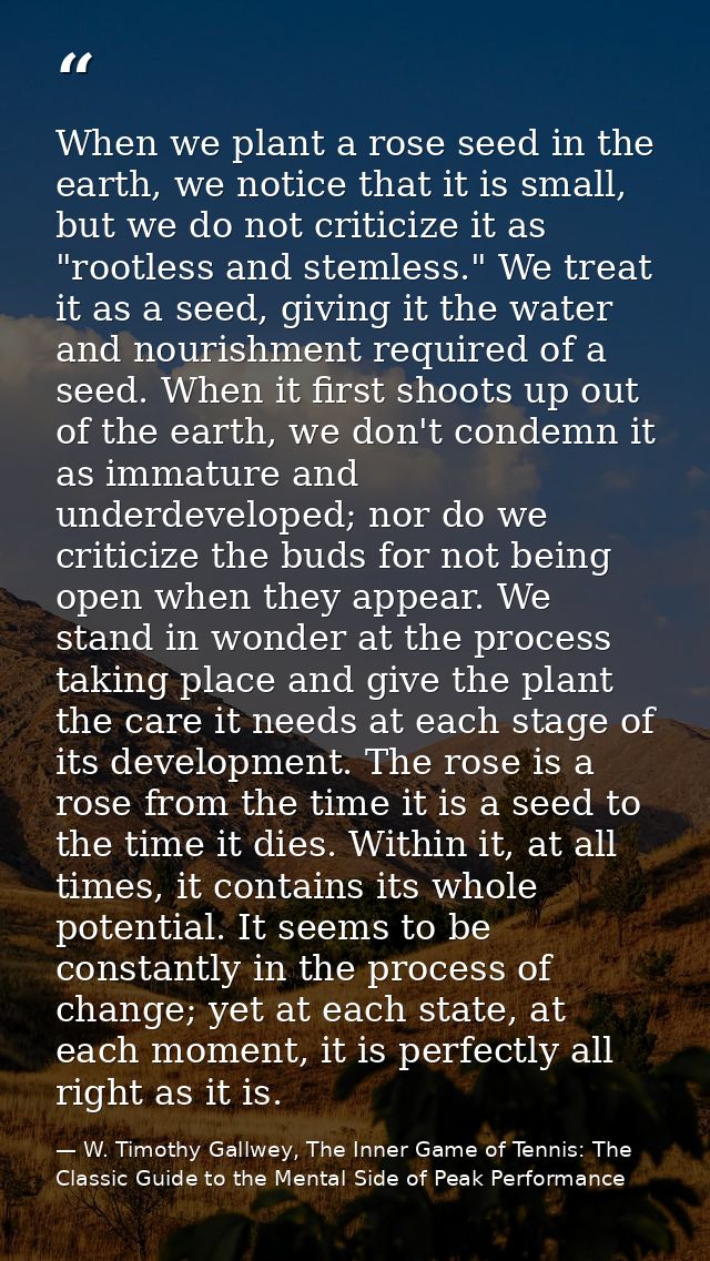 When we plant a rose seed in the earth, we notice that it is small, but we do not criticize it as "rootless and stemless — W. Timothy Gallwey, The Inner Game of Tennis: The Classic Guide to the Mental Side of Peak Performance