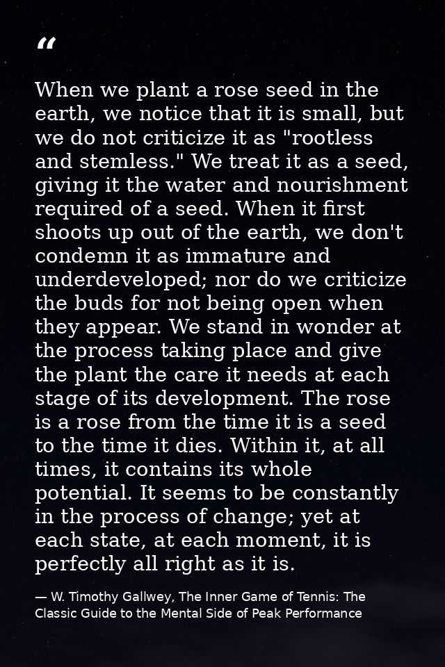 When we plant a rose seed in the earth, we notice that it is small, but we do not criticize it as "rootless and stemless — W. Timothy Gallwey, The Inner Game of Tennis: The Classic Guide to the Mental Side of Peak Performance
